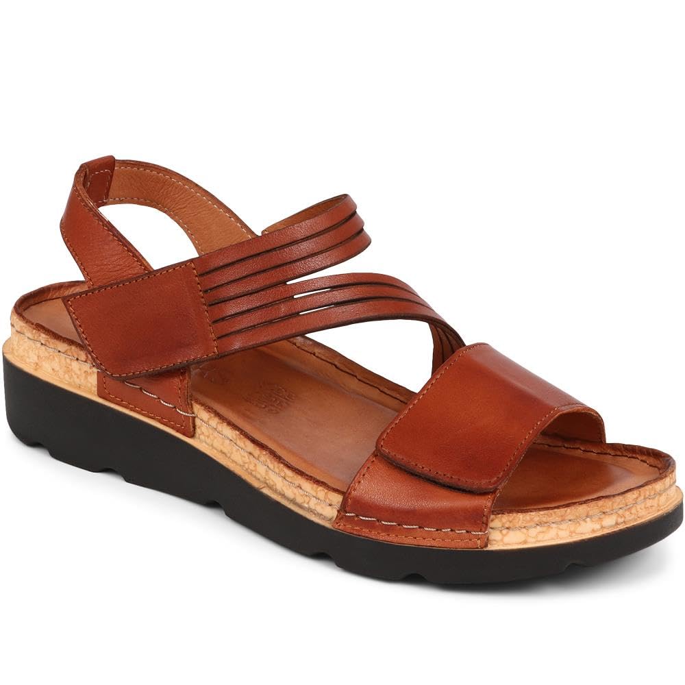Pavers Women's Adjustable Fasten Leather Sandals in Tan | Size: 4