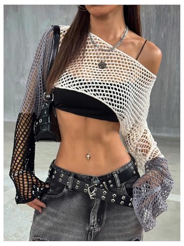 Verdusa Women's Hollow Out Color Block Sweaters Sheer Bell Sleeve Crochet Knit Crop Tops3