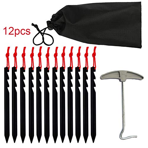 Laqiya Piquets de Tente de Camping, 12 pcs Ultra-légers en Alliage d'aluminium à Usage intensif, piquets de Tente de Camping avec extracteur de piquets de Tente (Noir) Cover