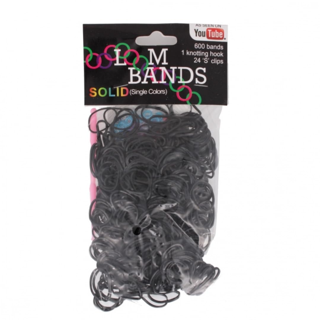 LND Gifts Loom Bands Kit, Replacement Loom Bands Refil 600 Bands in Pink, Purple, Black, White, Knotting Hook, 24 S Clips (Black)