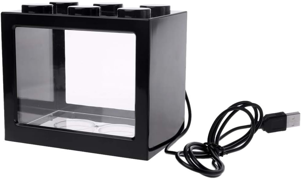 planuuik USB Mini Aquarium Fish Tank With LED Lamp Light Betta Fish Fighting Cylinder Black