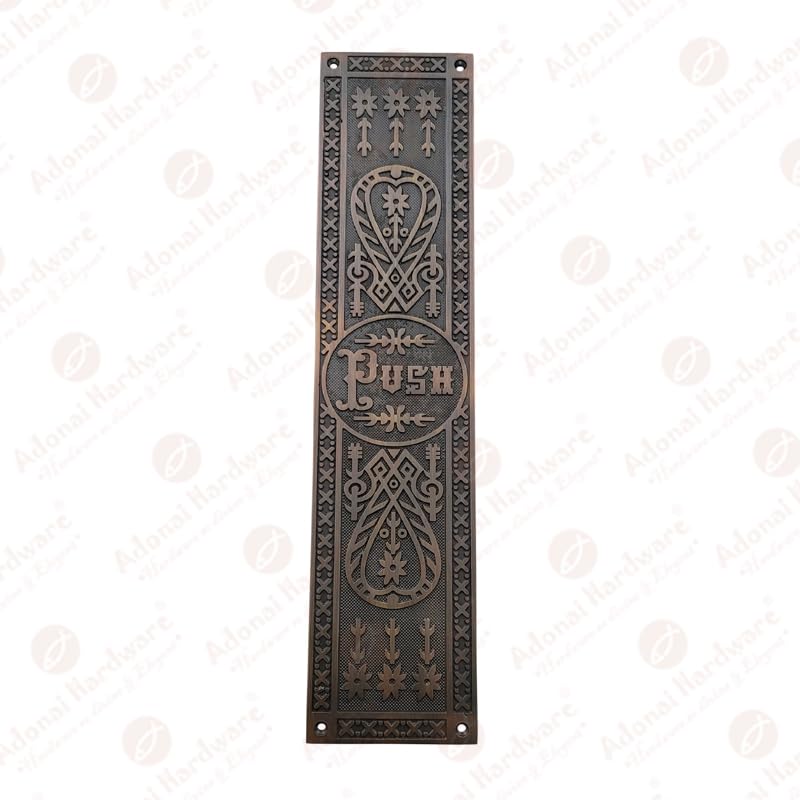 Adonai Hardware Decorative Brass Push Plate – 10.2” X 2.9” Satin Brass Finish, Intricate Carvings, Solid Brass Door Plate For Elegant Homes