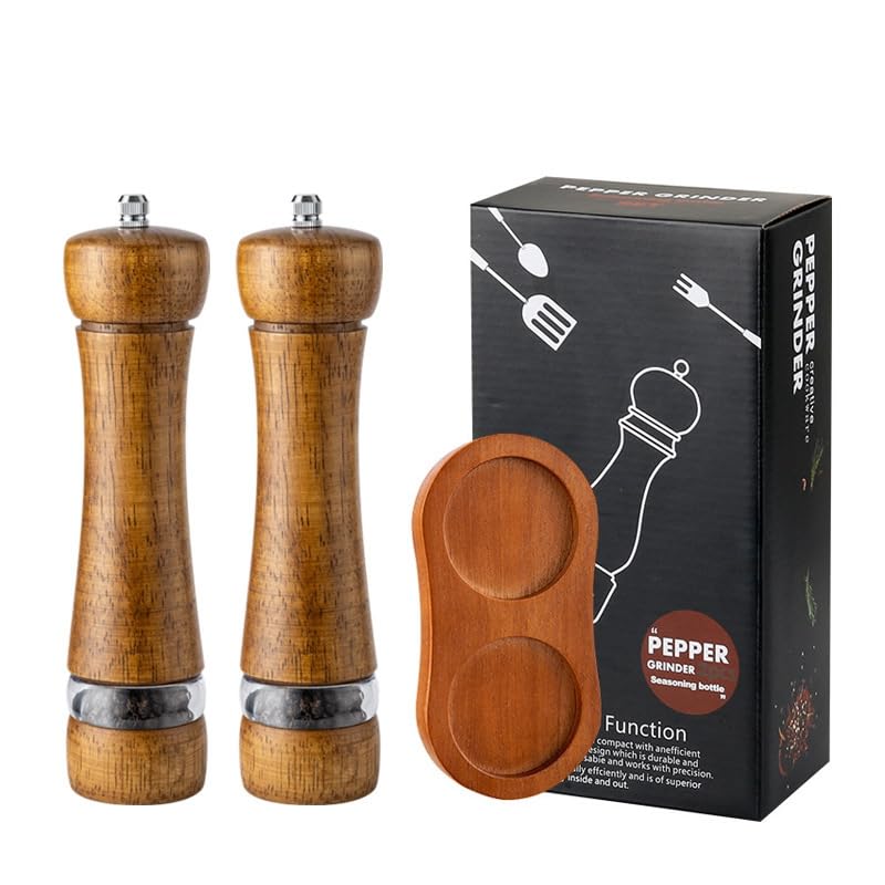 Auciej Salz und Pfeffermühle Holz Pfeffer und Salzmühle mit Keramikmahlwerk Verstellbarem Manuelle Gewürzmühle 2er Set mit Untersetzer für Pfeffer Salz Gewürze 21,5 cm