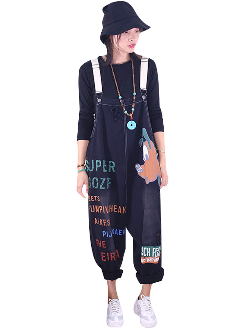 Bigassets Women's Printed Jeans Dungarees Sleeveless Playsuit Denim Overall Jumpsuit Style 4 Black
