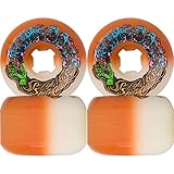 56 mm 95 A. Las ruedas Slimeballs 50-50 están teñidas con colores vivos en uretano blanco de alto rendimiento para todo terreno 95a y cuentan con arte de FALU basado en el arte original de Jim Phillips. Las bolas de pelo tienen una forma cónica de borde duro para un bloqueo firme y una amplia superficie de conducción para una velocidad y deslizamiento constantes.