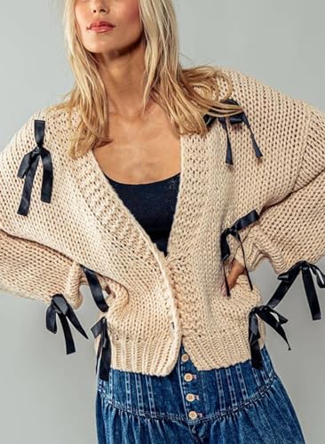 Image of Valentine's Day Cardigan Sweaters for Women Love Heart Print Button Down Cropped Cardigans Y2K Open Front Knit Sweater