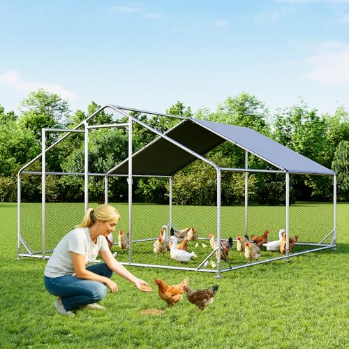 Image of Aoxun Metal Chicken Coop, Outdoor Chicken Runs for Yard with Cover, Spire Roof Hen House Enclosure with Security Lock, Walk-in Cage Peak Hen House for Yard Farm (10x13x6.4 FT)
