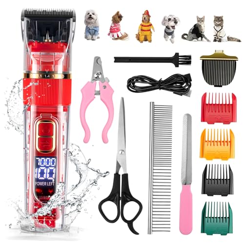 Totority 1Set Rechargeable Dog Grooming Clipper Low Noise Cordless Trimmer for Cats Dogs Washable Design LED Screen Multiple Guide Combs Included for Easy Grooming