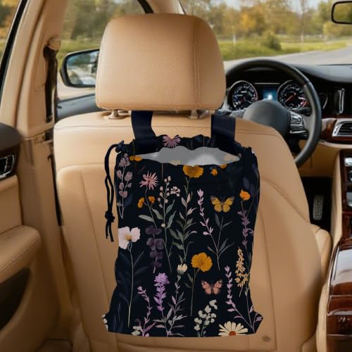 Colorful Meadow Herbs Car Garbage Bag,Flying Butterfly Small Car Trash Bag Hanging,Drawstring Car Garbage Bag with Adjustable Buckle for Car Back Seat,SUVs,Camping,Road Trips