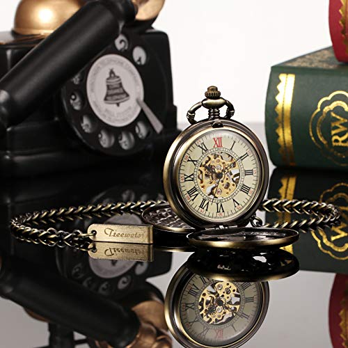 Image of TREEWETO Mens Antique Mechanical Pocket Watch Lucky Dragon & Phoenix Retro Skeleton Dial Double Cover with Chain
