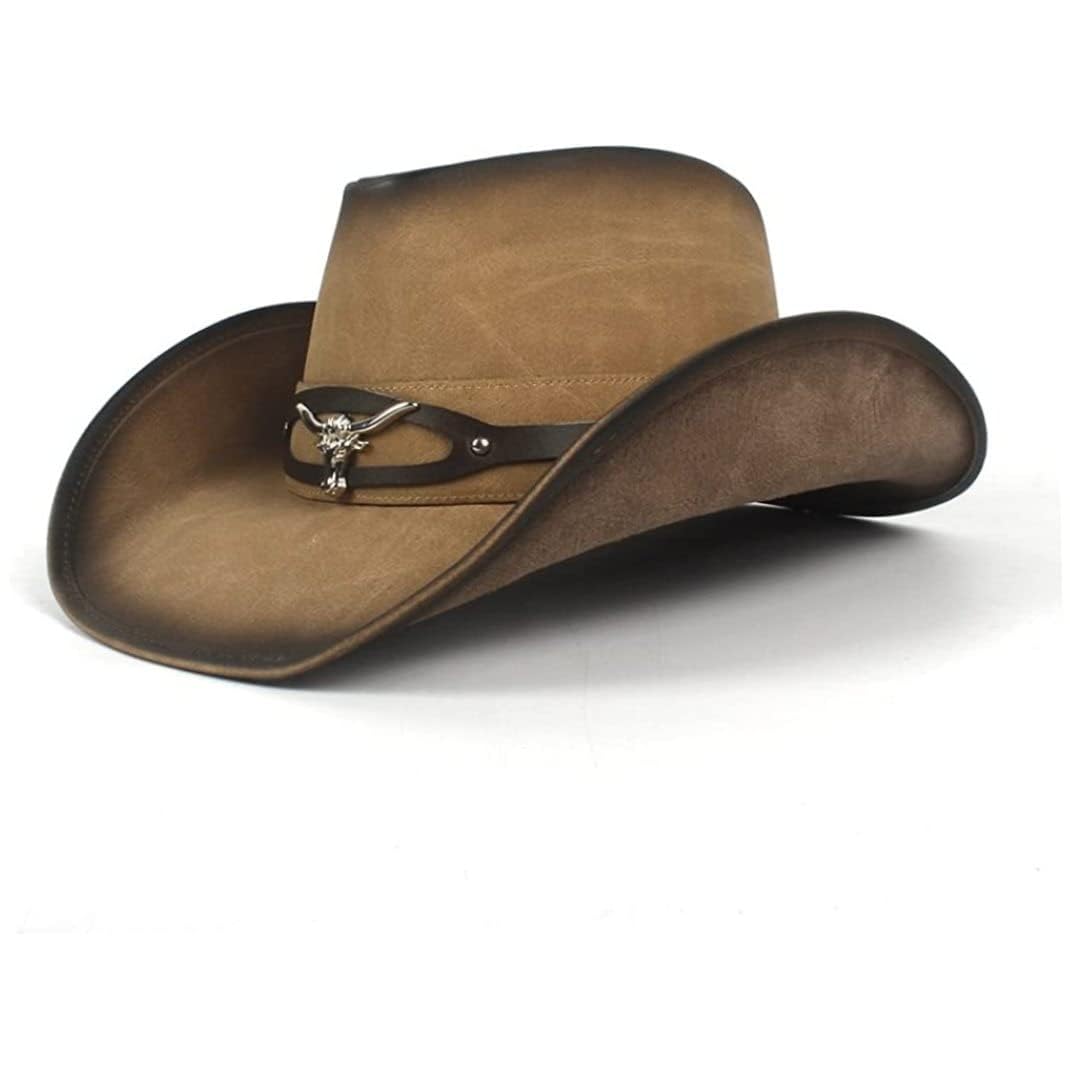 Sombrero De Cowboy de Cuero para Hombres y Mujeres Cowgirl Sun Hat Outback de Ala Ancha (Color: Natural, Tamaño: 58-59 Cm)