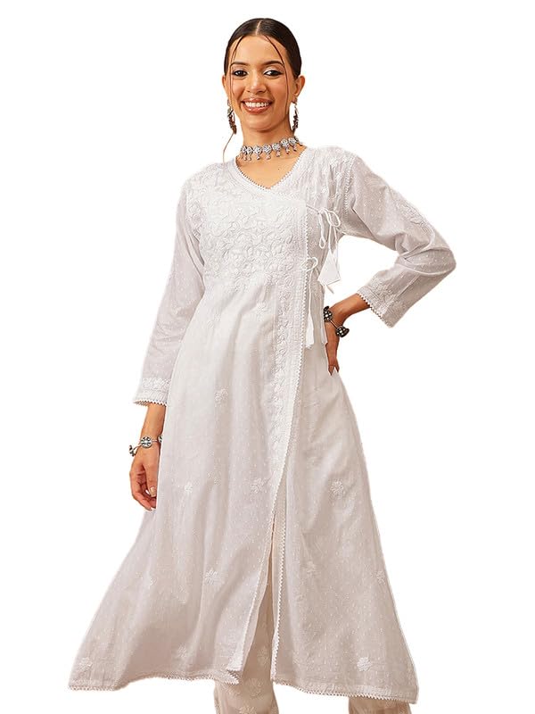 AdaLucknowi Chikankari Hand Embroidered Ethnic Dobby Cotton Angrakha Kurta Kurti for Women A411702 White
