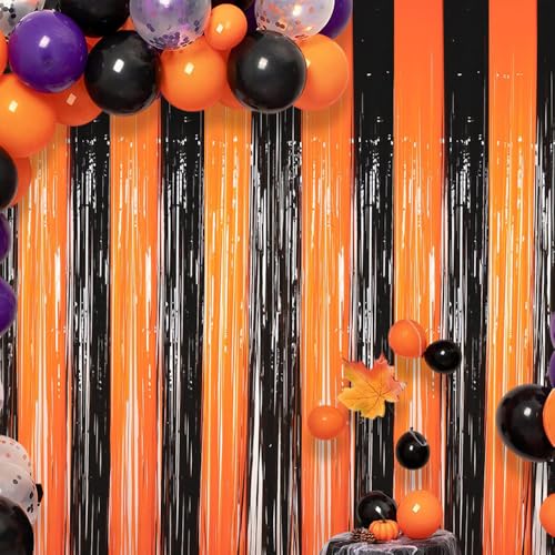 Horuili® 4 Stück Halloween-Fransen Vorhang, Folien-Fransen Hintergrundvorhang, Schwarz und Orange Folien- Fransenvorhänge, Halloween-Party, Dekoration, 1m x 2m