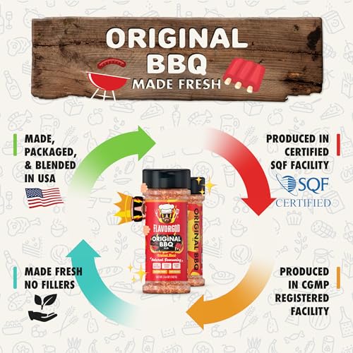 Image of Flavor God 2 Bottles Original BBQ Rub Mix, Natural Healthy Spice Blend For Grilling Chicken, Wings, Beef, Pork, Bacon, Eggs, Seafood, Vegetables, Salad, Tacos, Kosher, Gluten & Dairy Free Steak