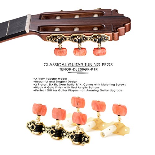 DJ208GK-P1R TENOR Classical Guitar Tuners, Tuning Key Pegs/Machine Heads for Classical or Flamenco Guitar with Black and Gold Plated Finish and Red Buttons. - Thumbnail 6