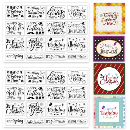 INFUNLY 2pcs Holiday Label Clear Stamps for Card Making Happy Holidays Rubber Stamps 16 Styles Silicone Stamp with Sentiments DIY Transparent Stamps Seal for Bullet Journal Scrapbooking Party