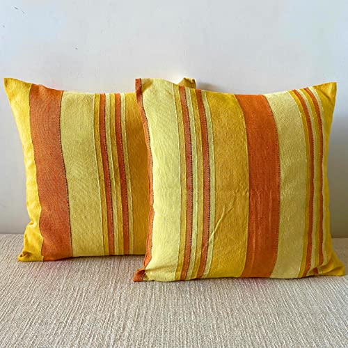 Image of RANGBHAR Handloom Cotton Cushion Covers with Concealed Top Zip, Striped /Solid Cushion Covers for Living Room, 16 x 16 inch, Yellow, Pack of 2