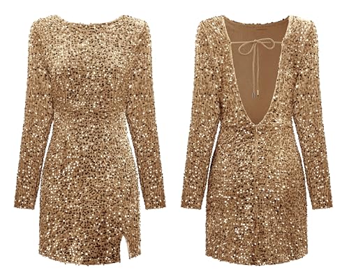 Image of R.Vivimos Women's Sequin Bodycon Dress Fall Winter Velvet Warm Long Sleeve Crew Neck Sexy Backless Glitter Slit Mini Dress