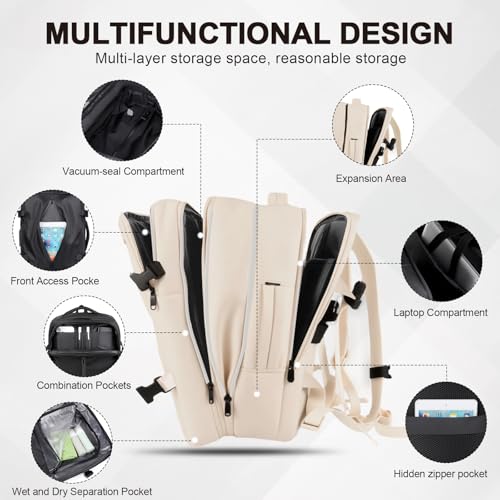 Image of Vacuum Seal Backpack Travel with Pump, Expandable Vacuum Backpack with Air Compression System, Airback Vacpack TSA Lock Water Resistant Carry-On Luggage (White)