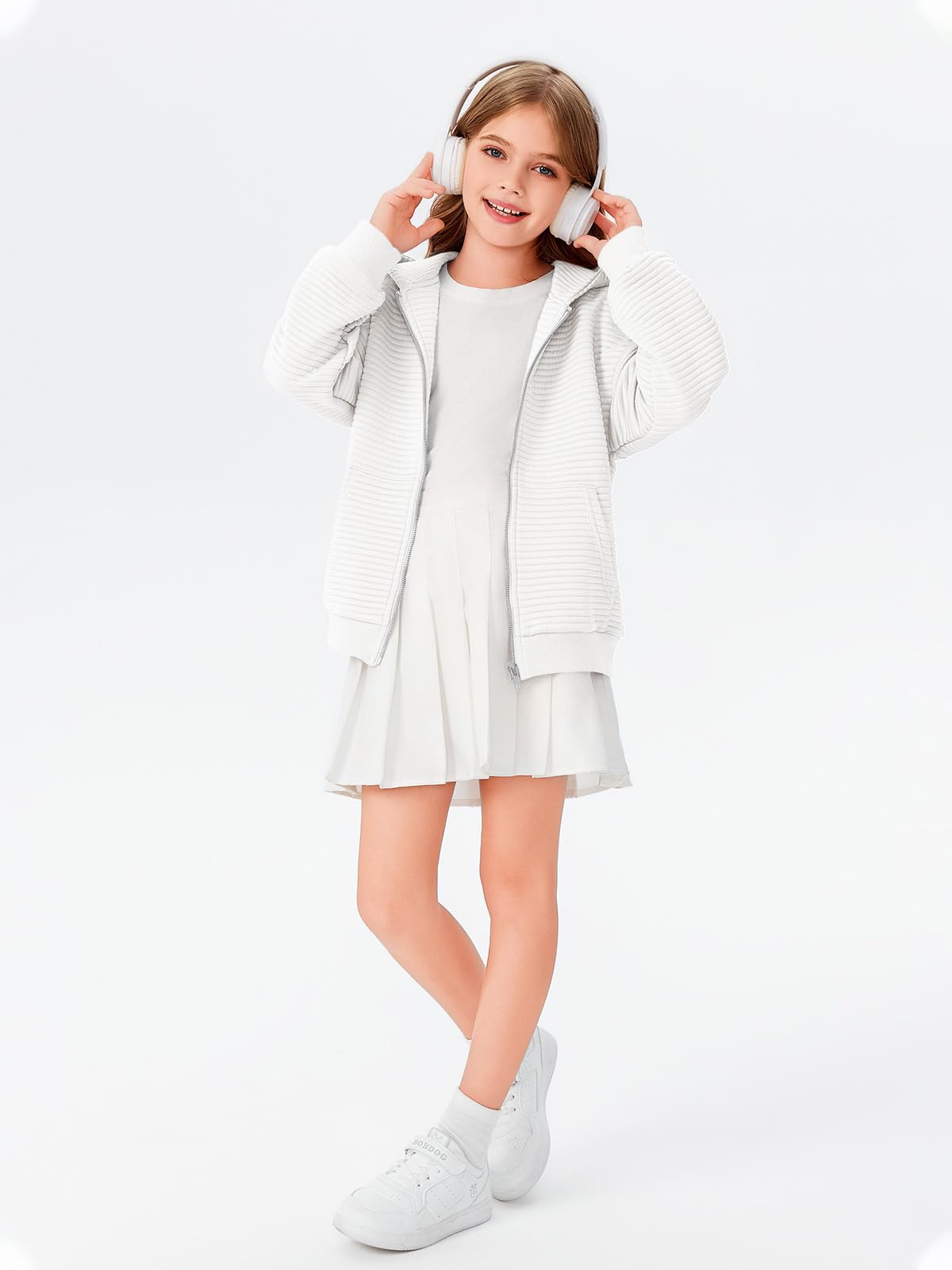 Haloumoning Felpa oversize con cappuccio e zip per bambine 5-14 anni | Tessuto testurizzato, giacca a maniche lunghe con cappuccio, vestibilità ampia, casual, con tasche