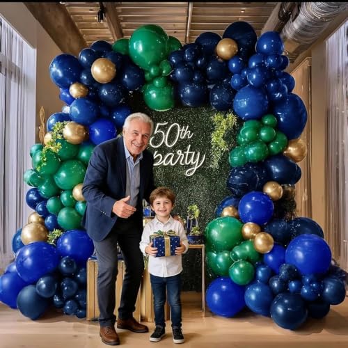 Image of Dark Green Blue Balloon Garland, Double Stuffed Navy Royal Blue Emerald Green Gold Balloon Arch Kit for Birthday Graduation Wedding Anniversary Bear Baby Shower Father's Day Party Decoration