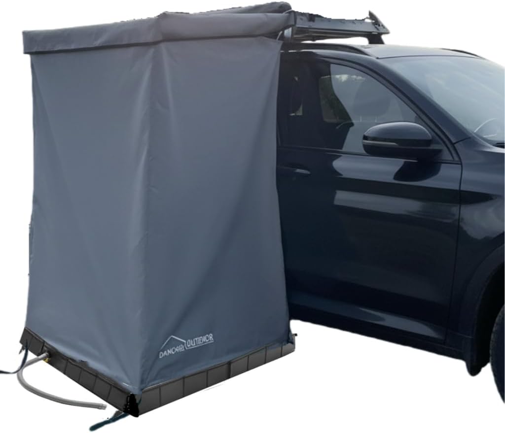 DANCHEL OUTDOOR Car Awning Shower Tent Room with Portable Shower Pan, Camping Privacy Shelter Enclosure Overland Portable Changing Room w/LED Light 3.3ft x 3.3ft Gray