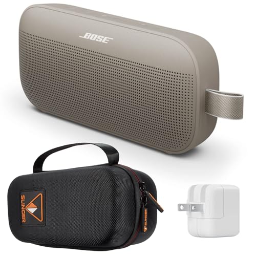 Bose NEW SoundLink Flex Portable Bluetooth Speaker (2nd Gen), Outdoor Speaker with Hi-Fi Audio, Up to 12 Hours Battery, Waterproof and Dustproof, + Slinger Hard Travel Case & USB Plug (Sandstone)