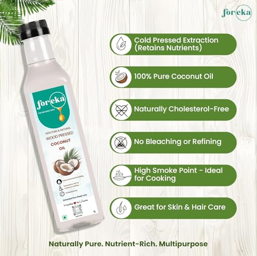 Image of Foreka Wood Pressed Virgin Coconut Oil 1L (Pack of 2) - Cold Pressed & Unrefined Edible Coconut Oil - Traditional Chekku /Kolhu Extracted - Natural Multipurpose Oil for Cooking, Hair & Skin Care