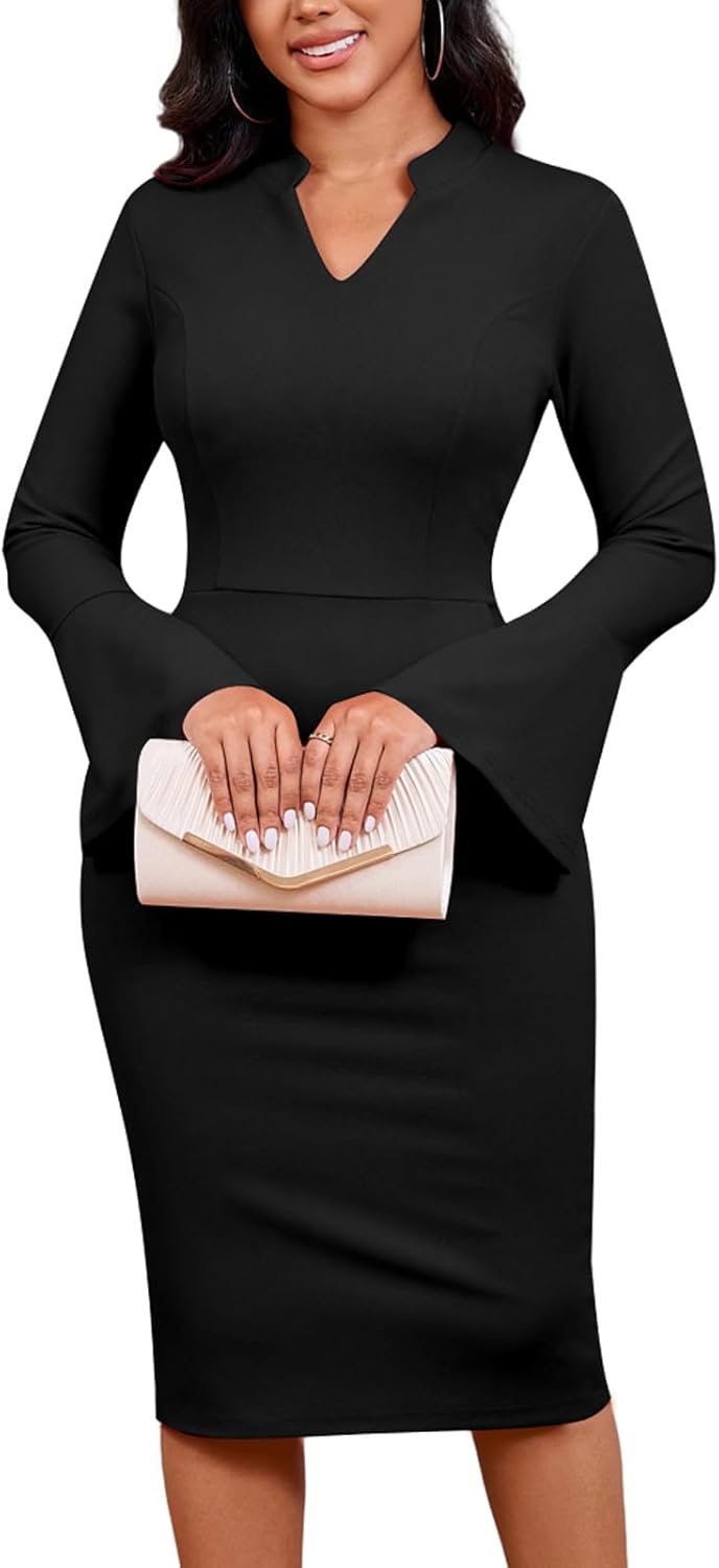DinyIn Church Dress for Women Elegant Bell Sleeve Bodycon V Neck Business Wear to Work Classy Mid Pencil Dresses with Pocket - Image 4