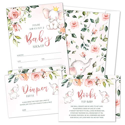Set of 25 Pink Elephant Baby Shower Invitations, Diaper Raffle Tickets and Book Request Cards with Envelopes | It s a Girl Floral Boho Fill in Invites for Baby Shower