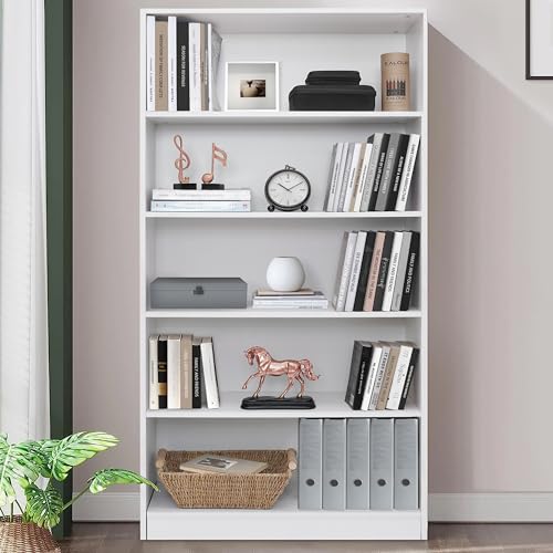 Image of ABOUT SPACE Book Shelf - 5 Tier Engineered Wood Book Rack Multipurpose Book Shelf for Home Library Study Room Long Open Storage Organizer for Bedroom, Living Room (White - L 80 x B 30 x H 165 cm)