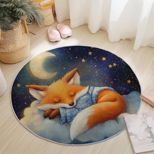 Genérico Alfombra Redonda de 150 cm, Galaxia Zorro Nubes Antideslizante de Felpa Esponjosa, Lavable para Sala de Estar Dormitorio Pasillo Cocina, Azul