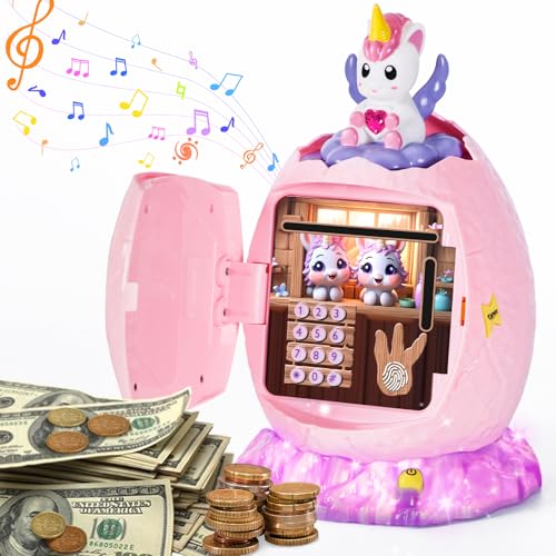 Yellcetoy Hucha Electrónica para Niños, Unicornio Caja Fuerte Niños con Código de Seguridad Música y Luz, Novedad Pascua Cumpleaños Navidad Regalos para Niñas