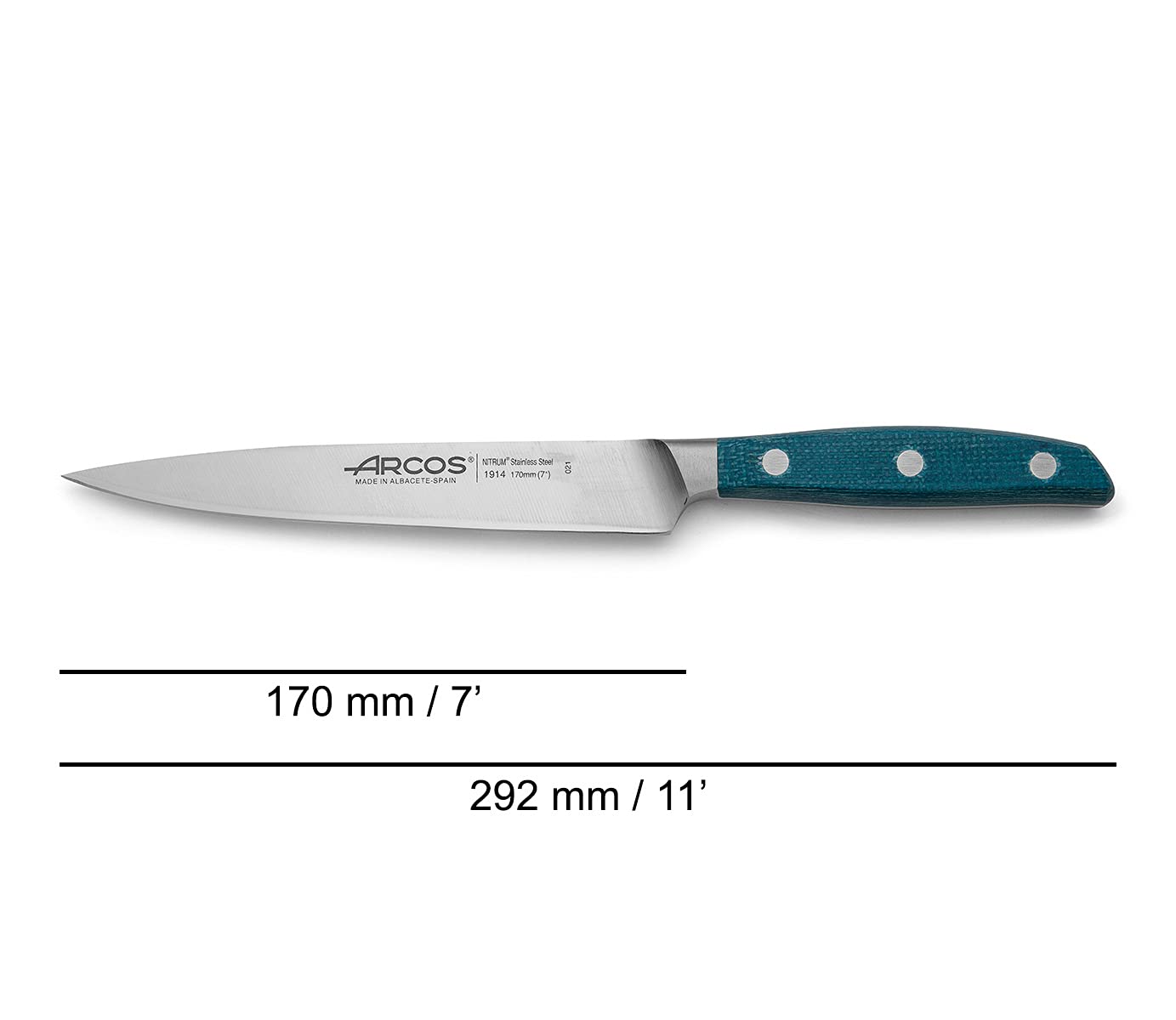 Arcos Séries Brooklyn - Couteau à Poisson - Lame Acier Inoxydable Forgé Nitrum 170 mm - Manche Micarta Couleur Bleu (Fil Soie)