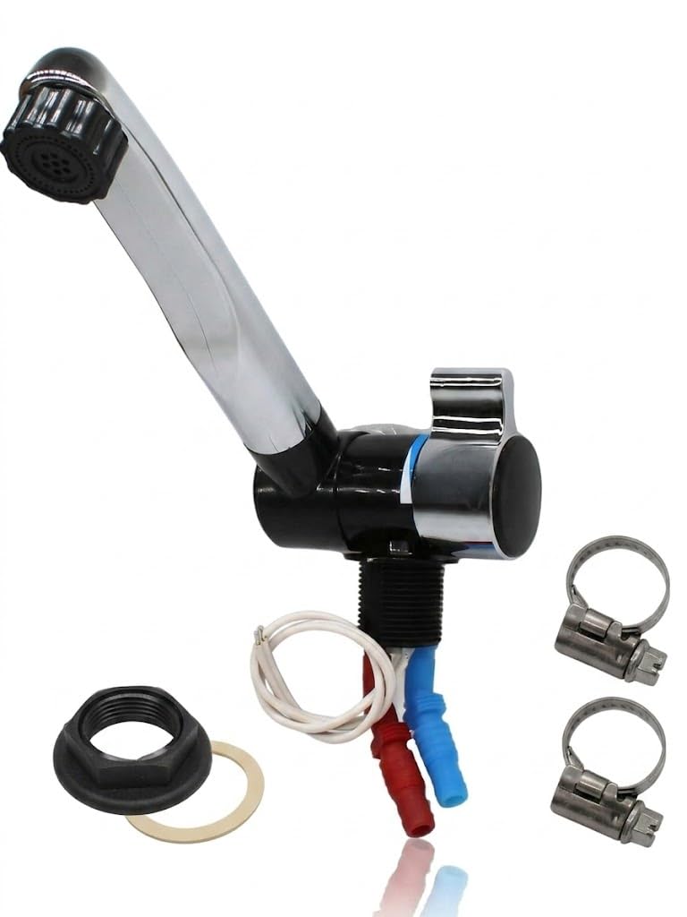 CR-MOESANCO® Grifo 12v Camper Mezclador de Agua Fría y Caliente Cromado con Interruptor Integrado, Kit Grifería para Caravana, Autocaravana y Barco, Orificio 27mm con 2 Abrazaderas Inoxidables
