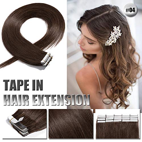 16” 30g Tape in Real Human hair Extension Invisible Seamless Tape in Skin Weft Hair Extension Strong Double side M Tape Straight Natural Remy Hair Extension 20pcs Per Package #04 Medium Brown
