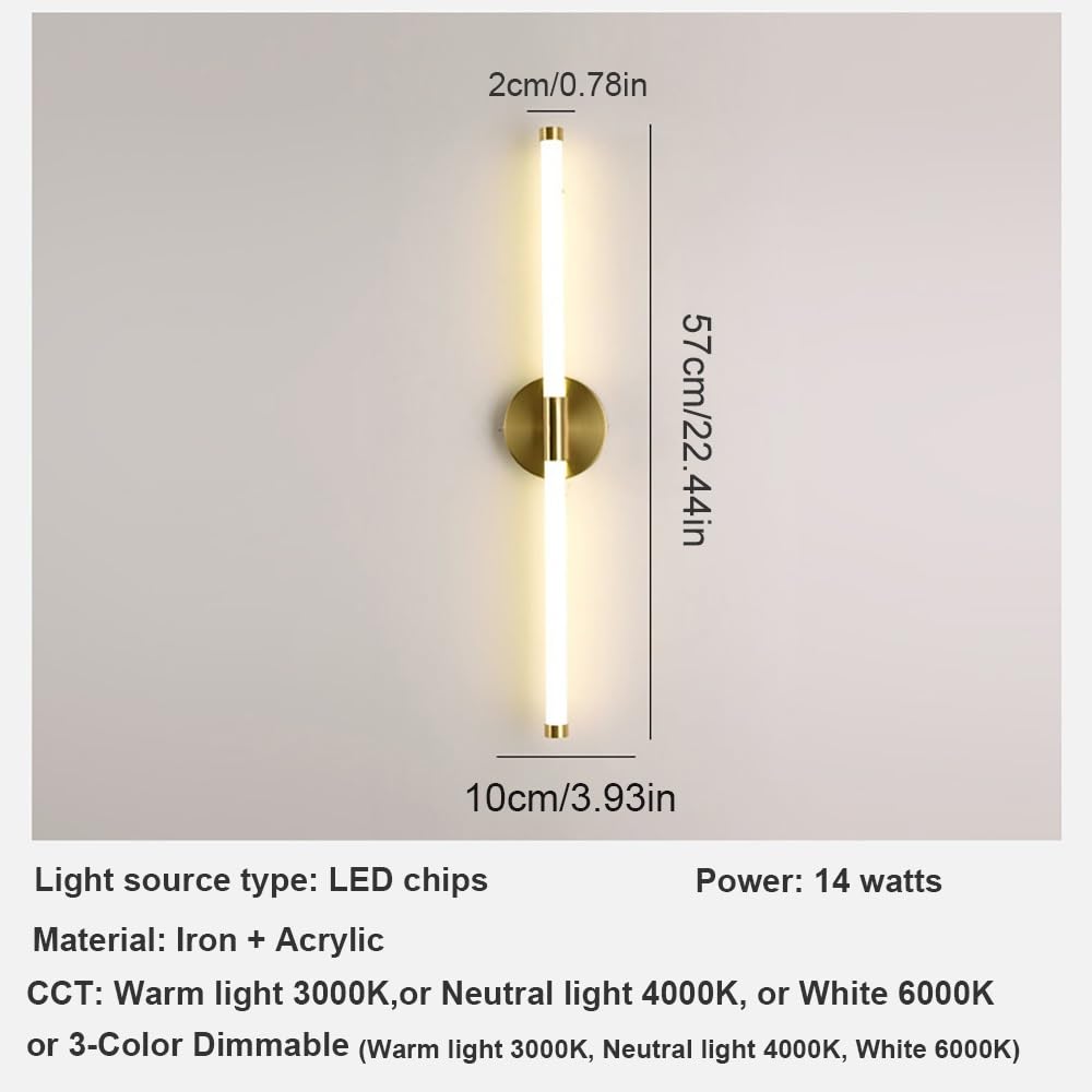 Nowoczesna liniowa lampa ścienna LED z długim korpusem świetlnym i optyką lustra, akrylowa lampa ścienna w kolorze złotym do sypialni, korytarza, salonu i łazienki