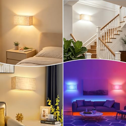 Image of VerRon Battery Operated Wall Sconces Set of 2 with Remote and Fabric Shade | 15 Color Changeable, Dimmable, Wall Mounted Lamps with Magnetic Bulbs for Bedroom Living Room Hallway, Rectangular Lampshade