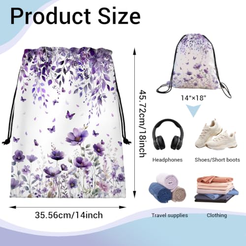 Image of Drawstring Storage Bag Purple Butterfly Blossom Gymnastics Pouch Athlete Bag