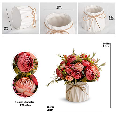 Kunstbloemen Nep Bloemen Zijde Roos Boeketten Decoratie met Keramiek Vaas voor Tafel Thuiskantoor Bruiloft (Red Bud) - Afbeelding 3