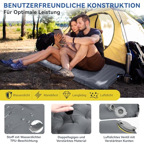 HIKENTURE Isomatte Selbstaufblasend, 13CM Ultradicke Isomatte Camping mit Kissen, Aufblasbare Luftmatratze Kleines Packmaß, Ultraleichte Schlafmatte mit Fußpumpe für Outdoor, Wandern, Zelt - Grau