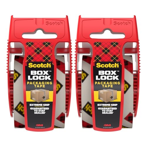 Image of Scotch Box Lock Packaging Tape with Dispenser, 1.88 inch x 800 inch (22.2 yd), 2 Rolls, Clear Heavy Duty Packing /Shipping Tape, Extreme Grip - Sticks Instantly to Any Box for Secure Seal
