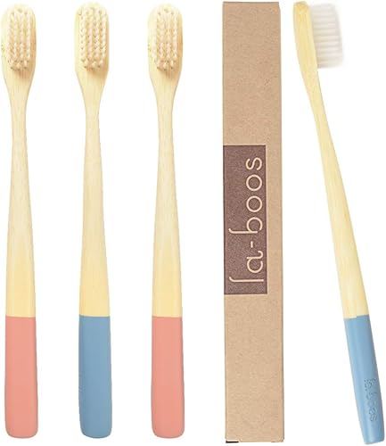 Paquete de 4 cepillos de dientes de bambú, ecológicos y biodegradables, no plásticos, sin BPA, cerdas naturales suaves para gingivitis y dientes
