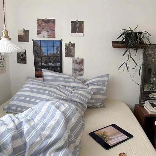 Image of Nayoroom Striped Duvet Cover Queen Blue White Stripe Bedding Set | Modern Farmhouse Coastal, Dorm Bedding, Soft Breathable Washed Microfiber, All-Season Comfort, Hidden Zipper, 4 Corner Ties