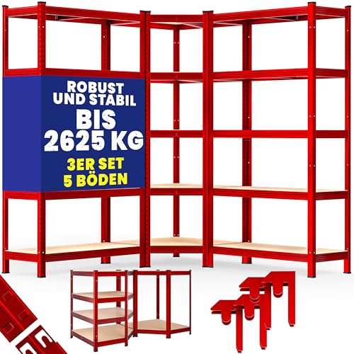 Monzana® Set de 3 étagères Charge Lourde 5 Niveaux Rouge Étagère métallique modulable 2625kg...