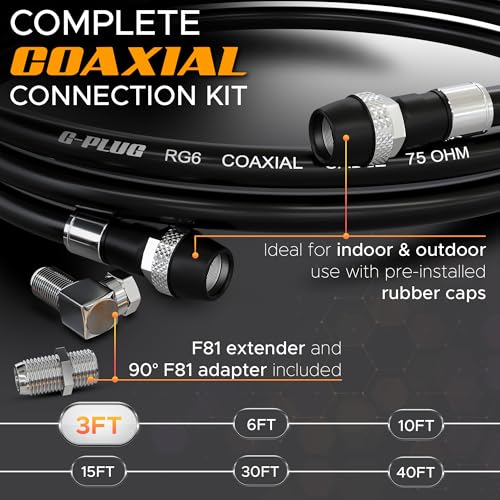 Image of G-PLUG RG6 Coaxial Cable 3FT - Triple Shielded, Waterproof, 75 Ohm with F-Type Connectors, High-Performance for HDTV, Satellite, Internet, Indoor /Outdoor Use