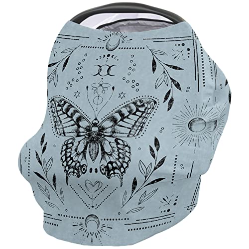 Nursing Cover for Breastfeeding Scarf, Vintage Sun Flowers Butterflies Blue Baby Car Covers Super Soft Multi Use for Canopy Shopping Cart Cover Blanket Stroller Cover