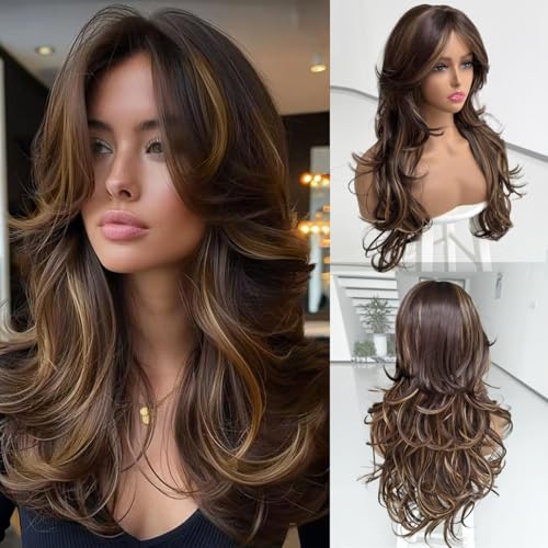 Highlight Dark Brown Mix Honey Blonde Long Layered Wavy Wigs