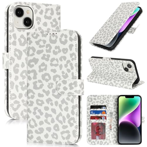 Image of for iPhone 14 Case Wallet with Card Holder,for iPhone 13 Wallet Case for Women Men,PU Leather Shockproof Magnetic Buckle Stand Flip Phone Case-White Leopard