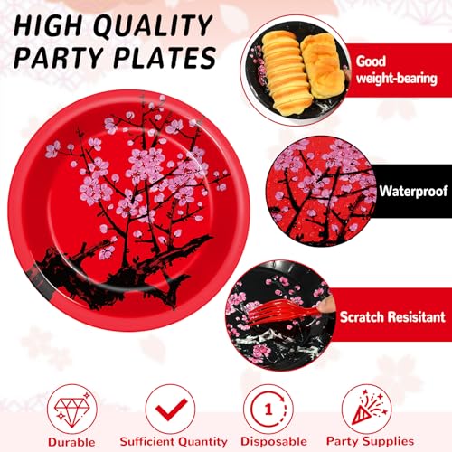 Image of 96Pcs Hibachi Party Decorations Chinese Japanese Cherry Blossom Tableware Sets Cherry Flowers Party Plates and Napkins for Hibachi New Year Spring Festival Wedding Supplies for 24 Guests